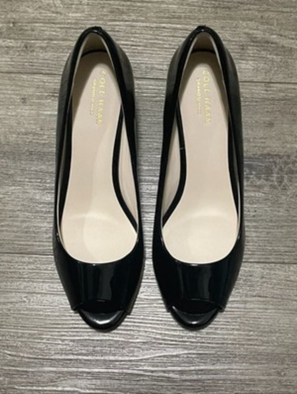 Cole Haan Black Patent Open Toed Wedges: Size 6.5